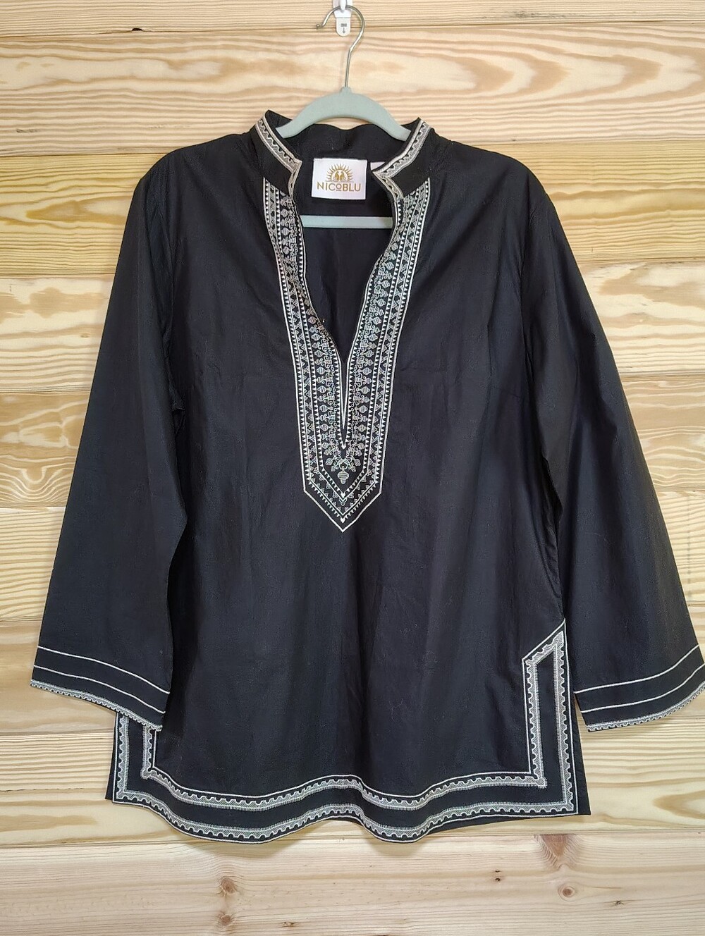 NEW NICOBLU Black Embroidered Cotton Tunic Top XL Boho Split Hem Boho Chic